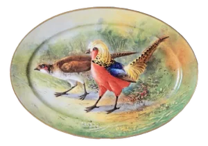 Antique Porcelain Hand-Painted Oval Serving Dish with Hunting Birds from Limoges