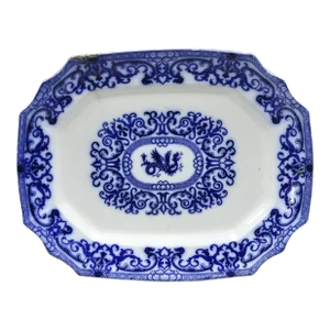 Antique Flow Blue and White Transferware Ironstone Platter Dish With Chinese Dragon
