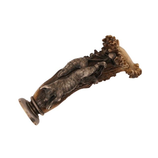 Antique Austrian Silver and Stag Antler Fox Desk Seal by Georg Adam Scheid, Vienna, Circa 1900 An exceptional and highly...