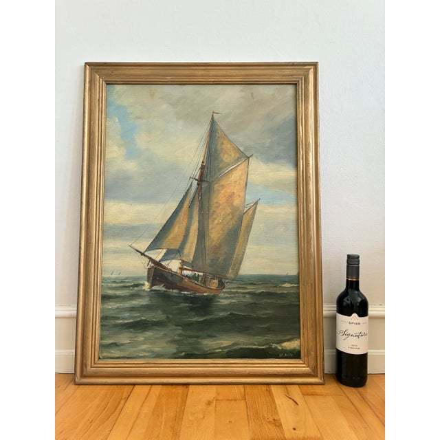 Vintage Signed Sailing Ship Seascape Oil Painting For Sale - Image 11 of 13