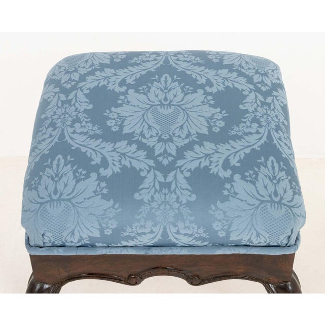 Wood Victorian Style Blue Damask Upholstered Ottoman For Sale - Image 7 of 9