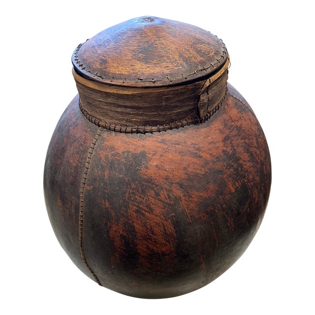 Large Organic Lidded African Gourd Vessel Urn For Sale