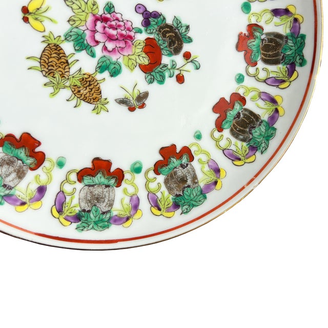 Ceramic Antique Chinoiserie Famille Rose Porcelain Plate With Pineapple & Floral Motifs For Sale - Image 7 of 10
