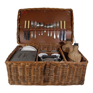 Vintage English ' Sirram ' Wicker Kettle & Tea Service for 4 Picnic Set - 45 Pieces For Sale