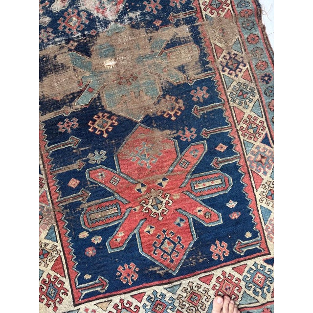 Blue ANCIENT Caucasian Runner DATED C. Rug 3.10 x 7.3 For Sale - Image 8 of 10