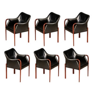 Set of Six Black Leather Dining Armchairs W Cassina Label, C 1980s, Refinished For Sale