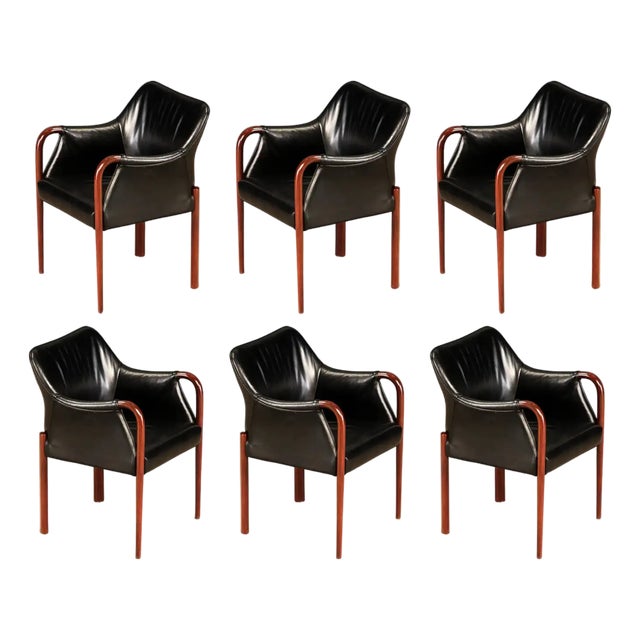 Set of Six Black Leather Dining Armchairs W Cassina Label, C 1980s, Refinished For Sale