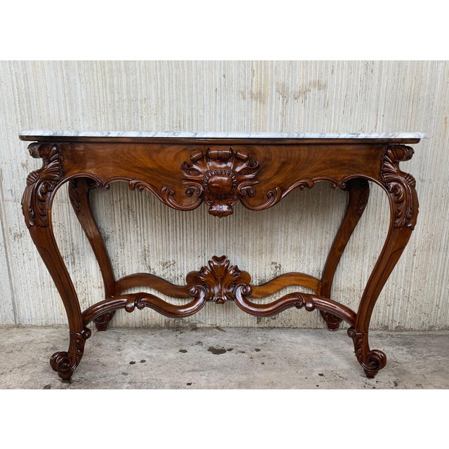 Early 20th Century Large French Regency Carved Walnut Console Table with White Marble Top '2 Avai' For Sale - Image 16 of 18