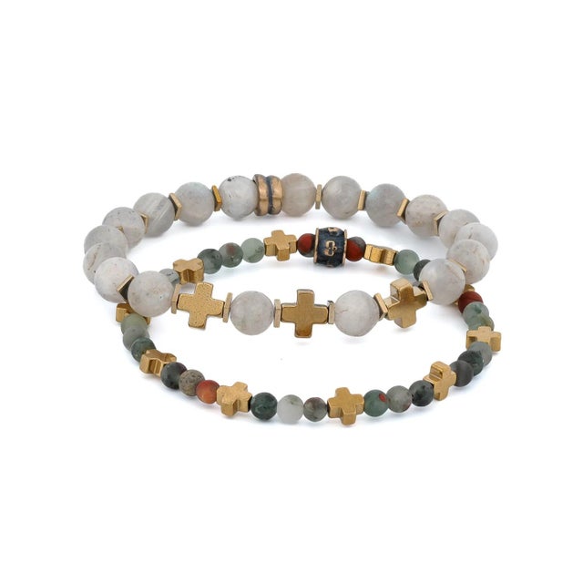 Bronze Labradorite & African Bloodstone Gold Cross Beaded Bracelet Set For Sale - Image 8 of 8