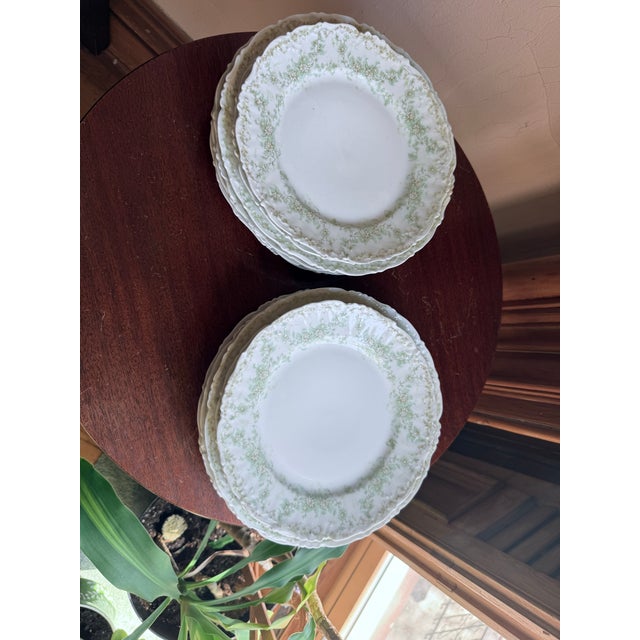 Late 19th Century Late 19th Century Elite Works Limoges France Porcelain Dinner Plates Green Floral Garland Scalloped Edge, 7 For Sale - Image 5 of 11