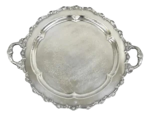 Vintage English Victorian Silver Plated Round Serving Platter Bar Tray With Handles