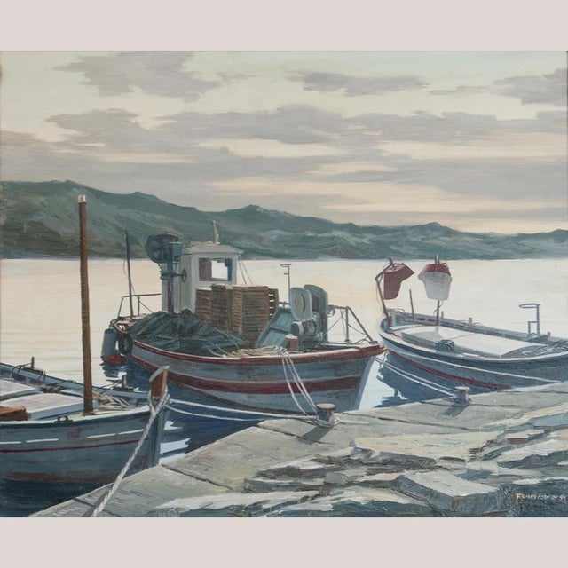 Mediterranean Fishing Boats, 1980s, Oil on Canvas For Sale - Image 9 of 9