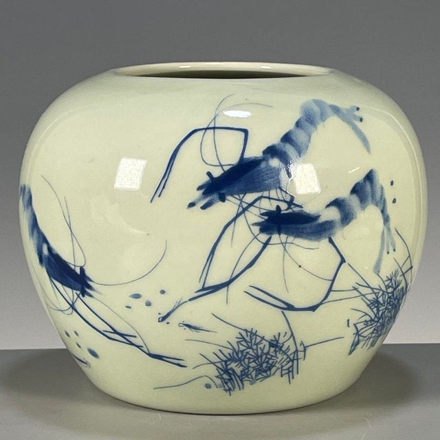 Vintage Chinese Celadon Glaze Blue & White "Shrimp" Brush Washer / Water Pot For Sale - Image 4 of 9