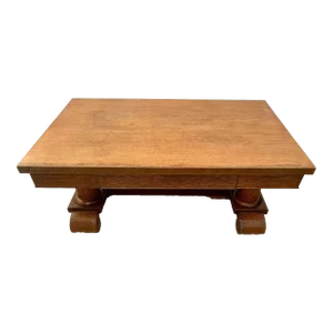 Antique Rectangle Coffee Table Tiger Oak Center Drawer Bottom Shelf Four Columns