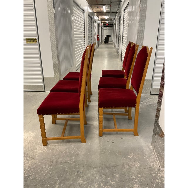 Set of 6 1970s Danish Oak Dining Chairs - Style of Henning Kjærnulf - Original Red Mohair For Sale - Image 12 of 18