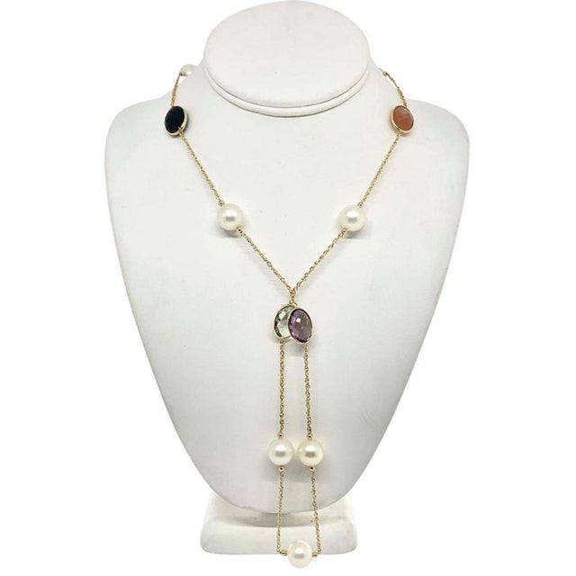 Italian South Sea Pearl Quartz Necklace 14k Gold Certified For Sale - Image 3 of 8