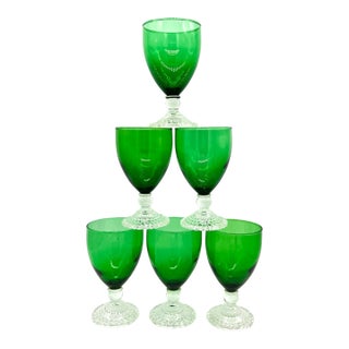 Mid 20th Century Hollywood Regency Anchor Hocking Forest Green Glass Goblets – Set of 6 For Sale