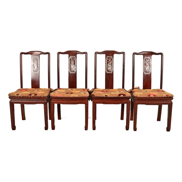 Antique Chinese Carved Rosewood Dining Chairs With Mother of Pearl Inlay, Circa 1890s For Sale