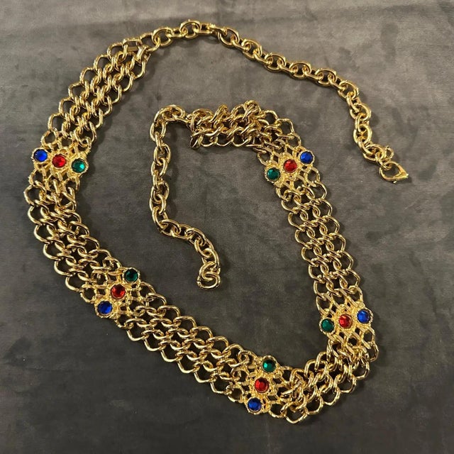 Metal 1980s High Quality Brass and Red, Blue and Green Crystals Italian Belt For Sale - Image 7 of 10