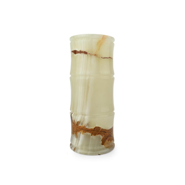 Late 20th Century Modern Cylinder Bamboo Design Carved Solid Onyx Stone Vase For Sale - Image 4 of 9