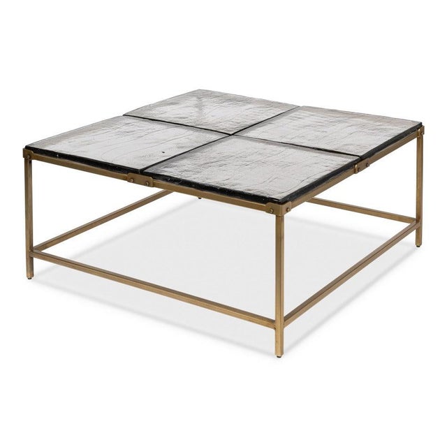 Modern Square Cocktail Table in Aged Brass and Cast Glass For Sale - Image 4 of 12
