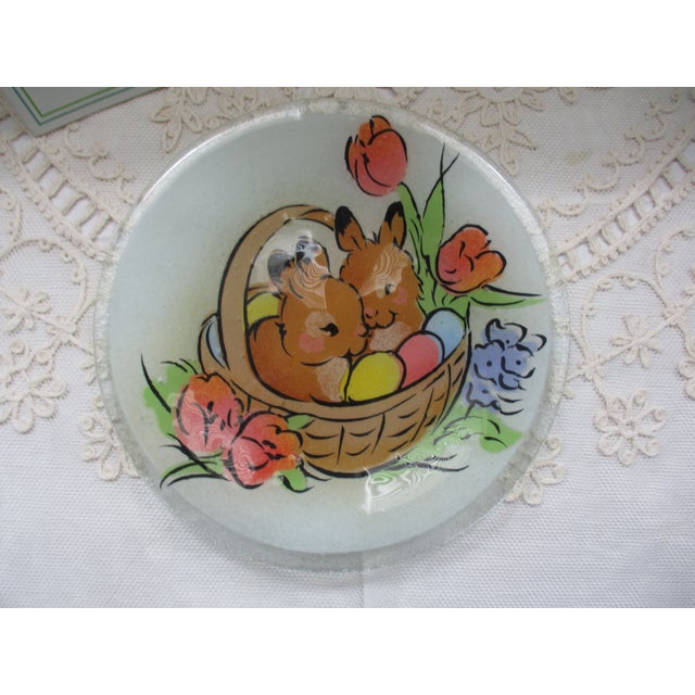 This is a Beautiful! Original 2008 Retired Peggy Karr Easter Rabbits in Basket with Eggs Fused Glass Plate that is 8" and...
