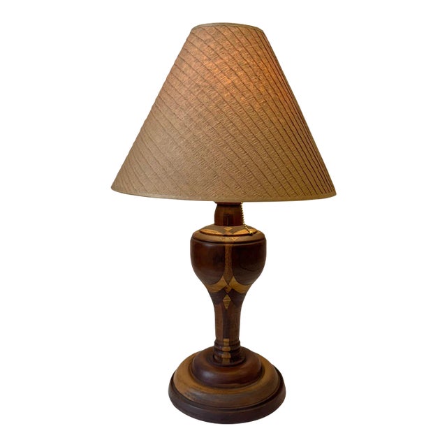 Mid-Century Turned Mixed Wood Lamp With Shade For Sale