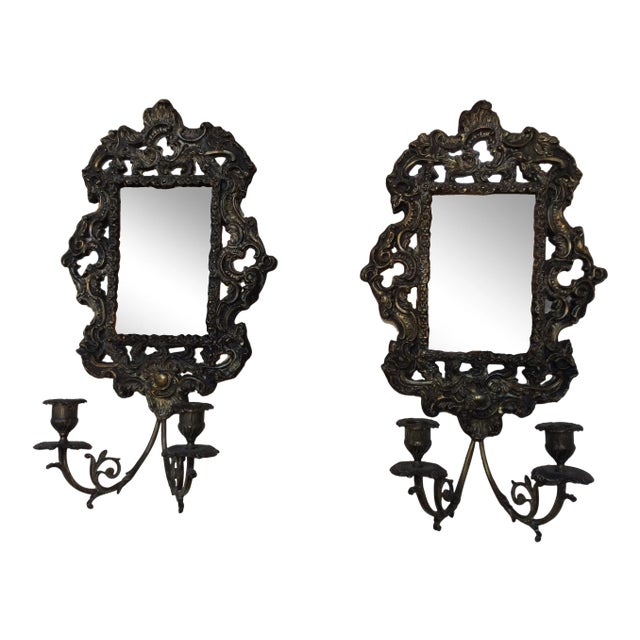 Antique Brass Repousse Mirror Candle Wall Sconces Pair Chairish