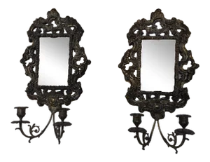 Antique Brass Repousse Mirror Candle Wall Sconces - Pair