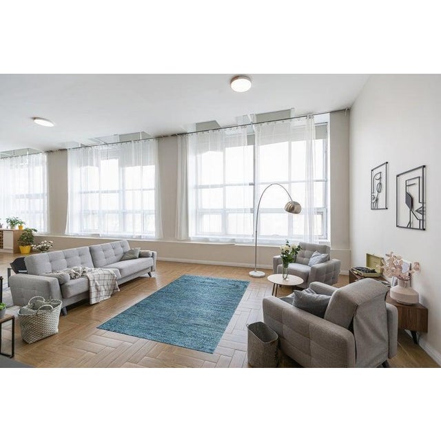 2020s 10x14 Blue Hand-Knotted Silk Woven Horizon Solid Open Field Modern Carpet Rug For Sale - Image 5 of 5