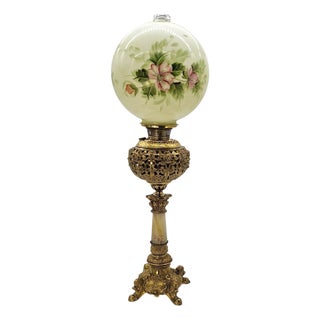 Antique Bradley & Hubbard Banquet Parlor Lamp – Oil to Electric Conversion With Hand-Painted Globe For Sale