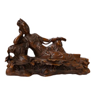 5" Hand-Carved Wood Reclining Bodhisattva Figurine Sculpture Tang Style Art For Sale