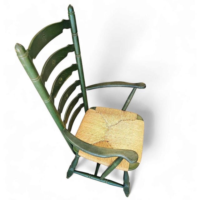 Vintage High Back Ladder Chair in Green Wood with Rush Seat For Sale - Image 10 of 15
