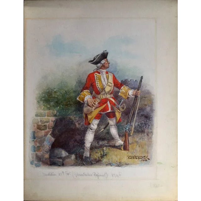 1910s Early 20th Century "Muskateer 28th Foot (Gloucestershire Regiment) 1746" Figurative Watercolor Painting, Framed For Sale - Image 5 of 5