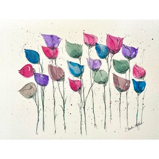 Floating Flowers Watercolor Painting by Sandra Wright For Sale