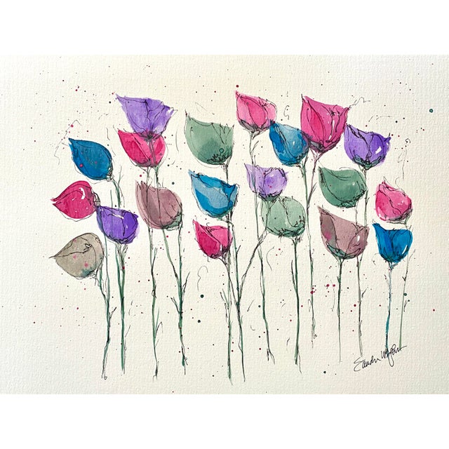 Floating Flowers Watercolor Painting by Sandra Wright For Sale
