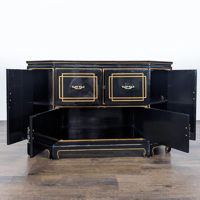 Chinoiserie Black Lacquer Chinoiserie Hollywood Regency Credenza With Gold Detailing For Sale - Image 3 of 7