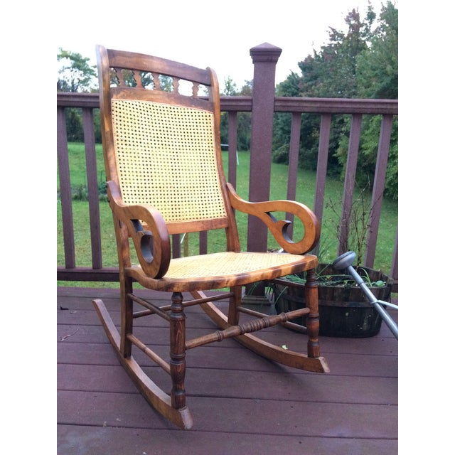 Hand Carved Oak and Cane Rocking Chair Chairish