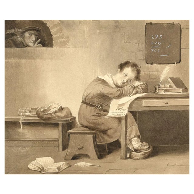 After Mary Heber, Dutch Schoolroom with Dreaming Boy, 1830s, Watercolour For Sale