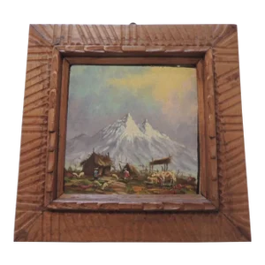 Small Oil Painting of Ecuadorian Volcano "Chimborazo" on Wood Frame