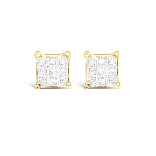 Immerse yourself in the subtle elegance of these 10K yellow gold earrings, where eighteen princess-cut diamonds coalesce...