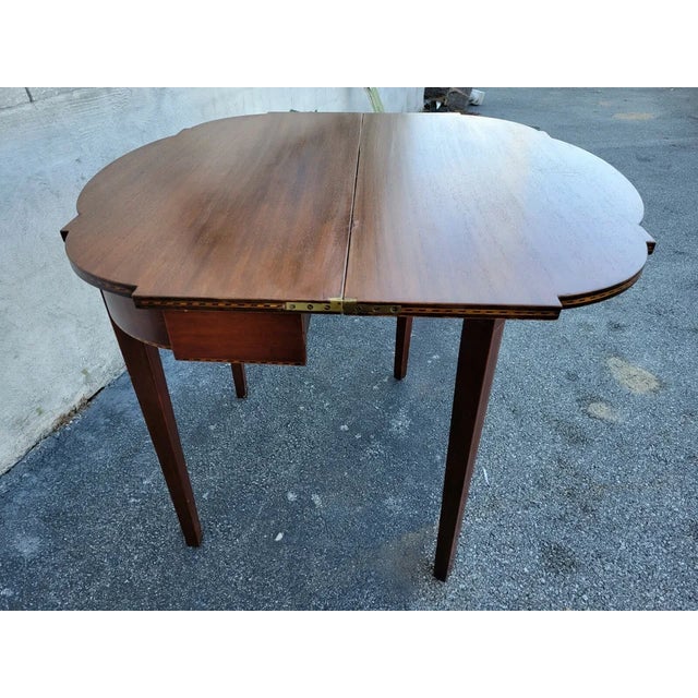 Brown 1920 English Sheraton Mahogany Inlaid Console Game Table Fliptop by Charak G Fox For Sale - Image 8 of 10