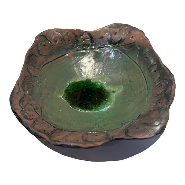 Mid 20th Century Handcrafted Ceramic Art Bowl With Green Glaze and Sculptural Organic Edge For Sale