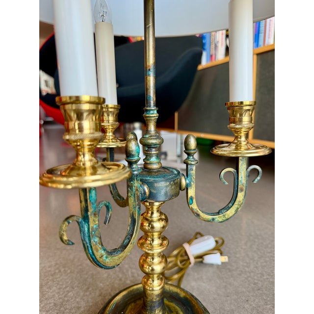 Vintage Brass Verdigris Three-Light Bouillotte Table Lamp Neoclassical Hollywood Regency Style For Sale - Image 9 of 16