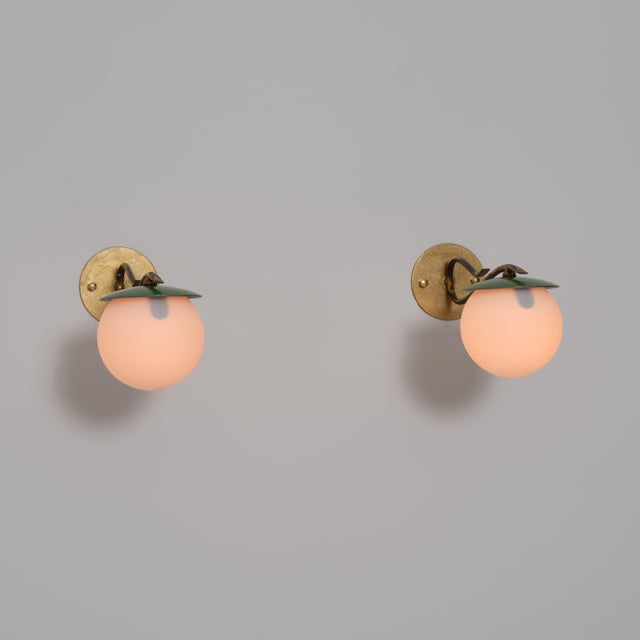 Vintage Italian Green Enameled Metal and Opaline Glass Wall Sconces, 1950s, Set of 2 For Sale - Image 14 of 15
