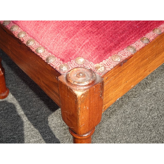Wood Vintage Oak French Country Rose Colored Velvet Footstool W Decorative Nails For Sale - Image 7 of 12