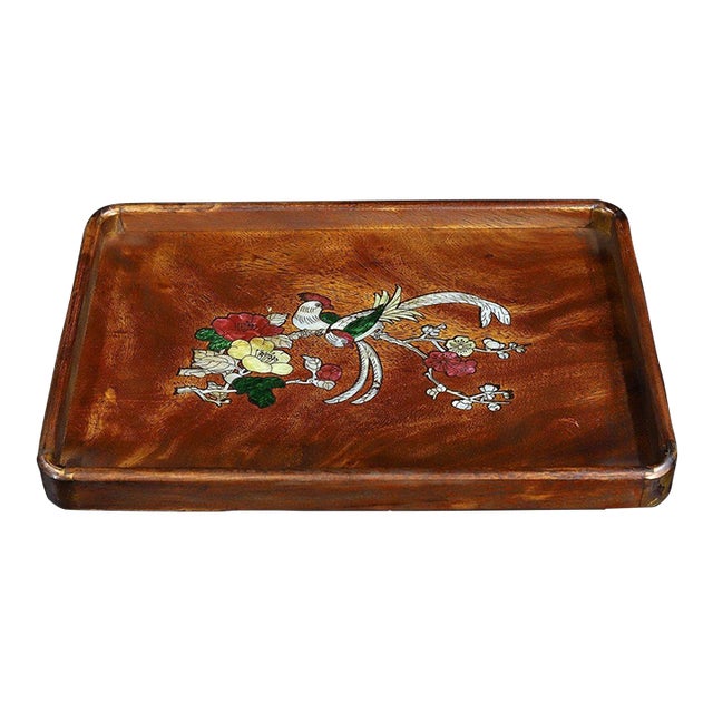Vintage Chinese Rosewood Tray With Mother of Pearl Bird & Flower Inlay For Sale