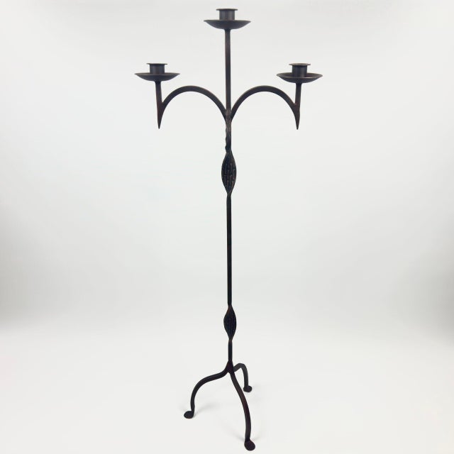 Hand Forged Iron Floor Candelabra 46.5″ (118cm) Antique Copper Patina 3-Arm Wide Base Stable Candle Holder Rustic Decor For Sale - Image 6 of 7