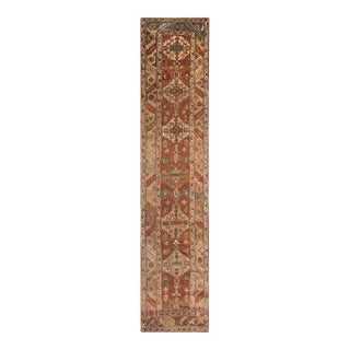 1890s Red Rust Rustic Geometric Antique n.w. Persian Serapi Rug 3'2" X 13'10" Handknotted Wool Carpet For Sale