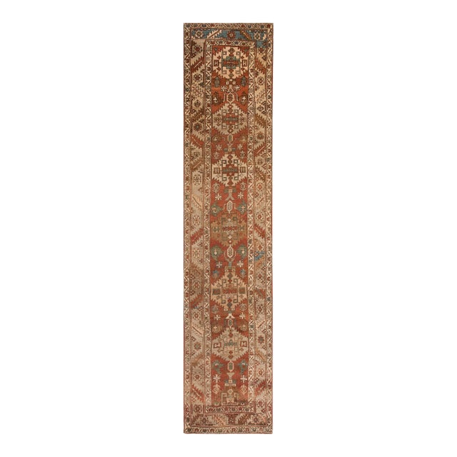 1890s Red Rust Rustic Geometric Antique n.w. Persian Serapi Rug 3'2" X 13'10" Handknotted Wool Carpet For Sale